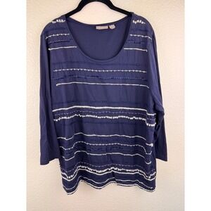Chicos Size 3 XL Navy Blue Long Sleeve Tunic Top Embellished Cotton Casual Boho‎